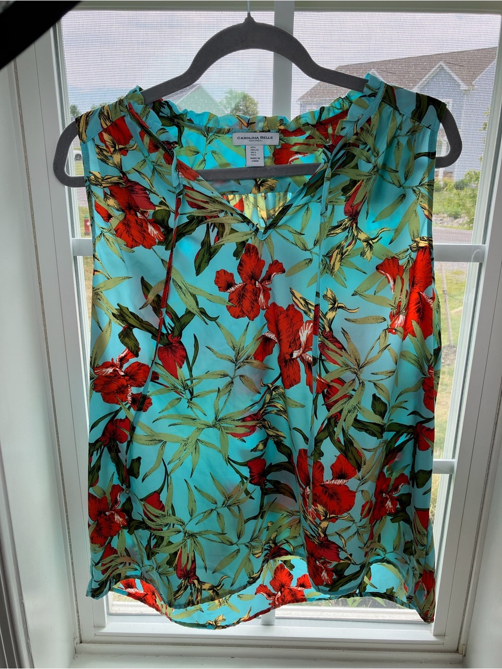 Carolina Belle Turquoise & Red Floral Tie-Neck Camisole
